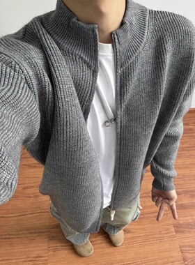 大码300斤重磅立领开衫拉链针织衫男秋季cleanfit高级感灰色毛衣