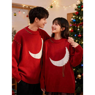 大码300斤红圣诞风圆领毛衣男冬季休闲慵懒针织衫情侣内搭打底衫