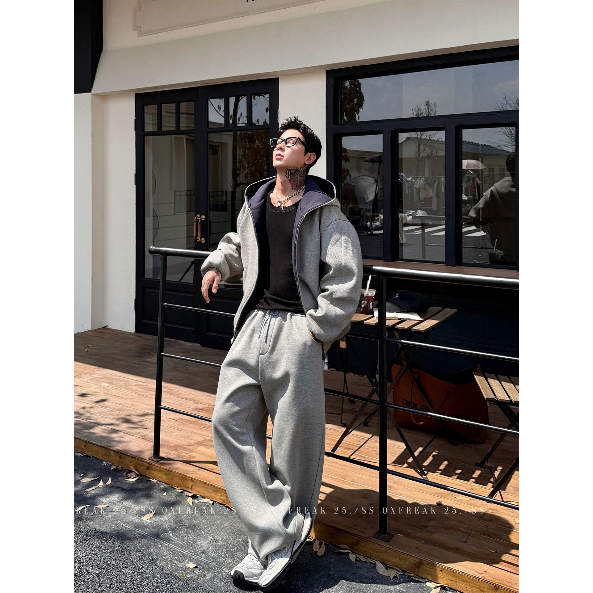 大码300斤美式撞色灰色卫衣套装