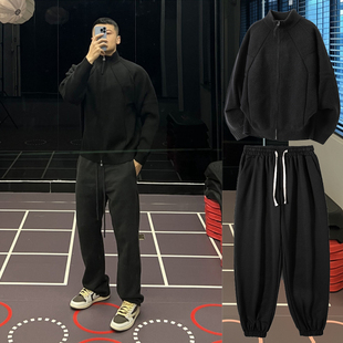 毛衣男宽松休闲痞帅运动套装 大码 300斤复古重磅立领拼接针织开衫