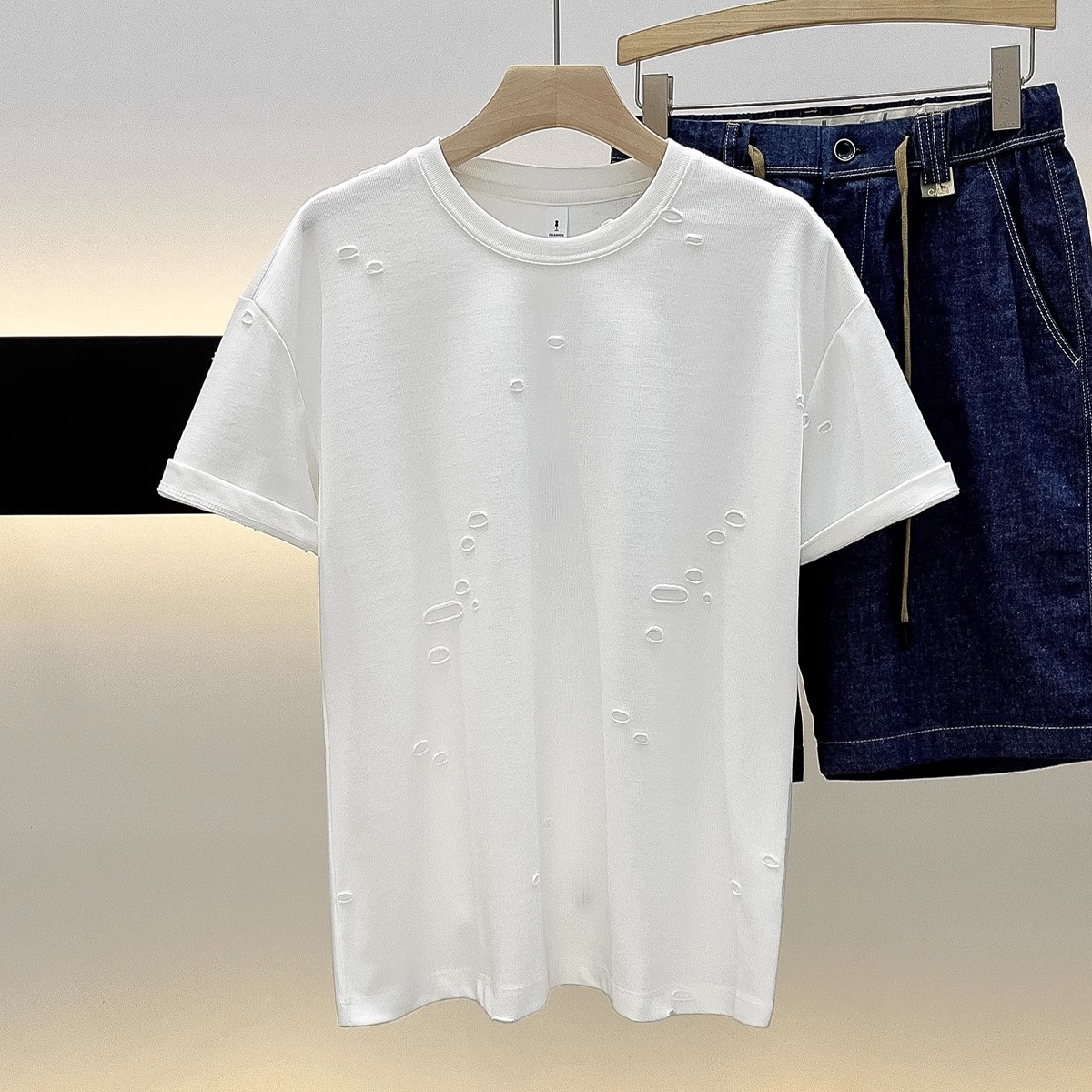 大码300斤高级感破洞短袖t恤男