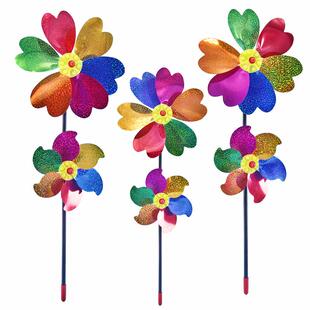 双层彩色六叶花瓣大号风车58cmPVC环保材料户外景点踏青玩具