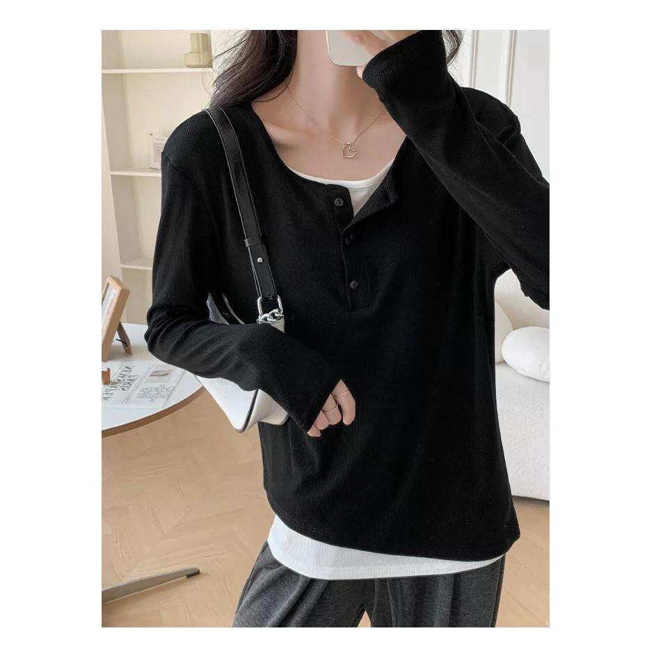 unii新款棉质宽松韩版长袖T恤女秋冬百搭假两件设计感小众上衣