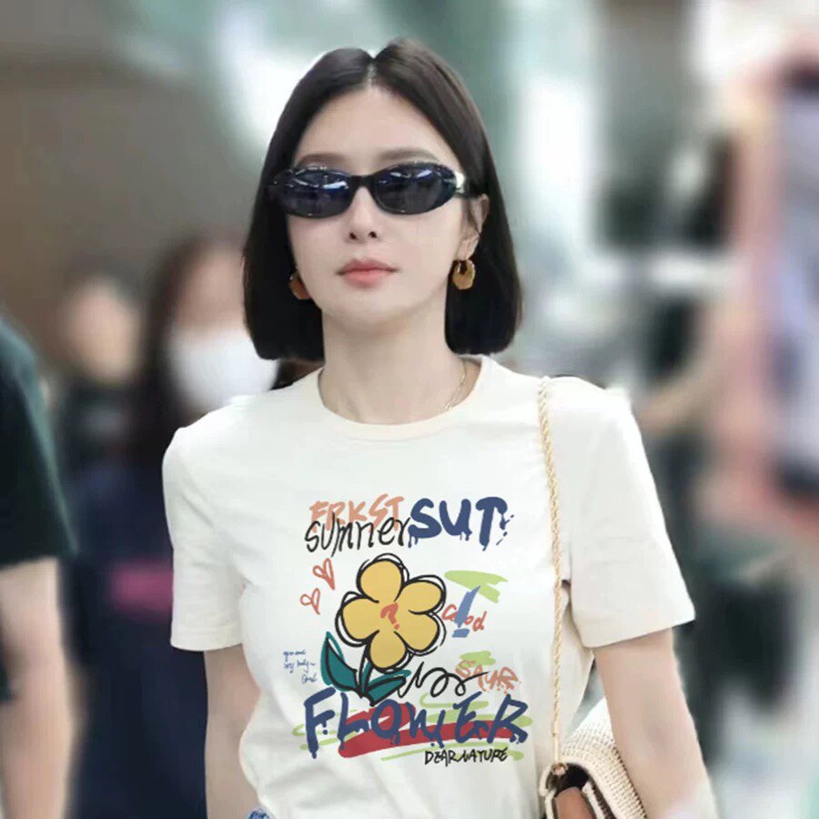 秦岚同款纯棉透气T恤2025新款明星同款短袖印花五分半截袖女款