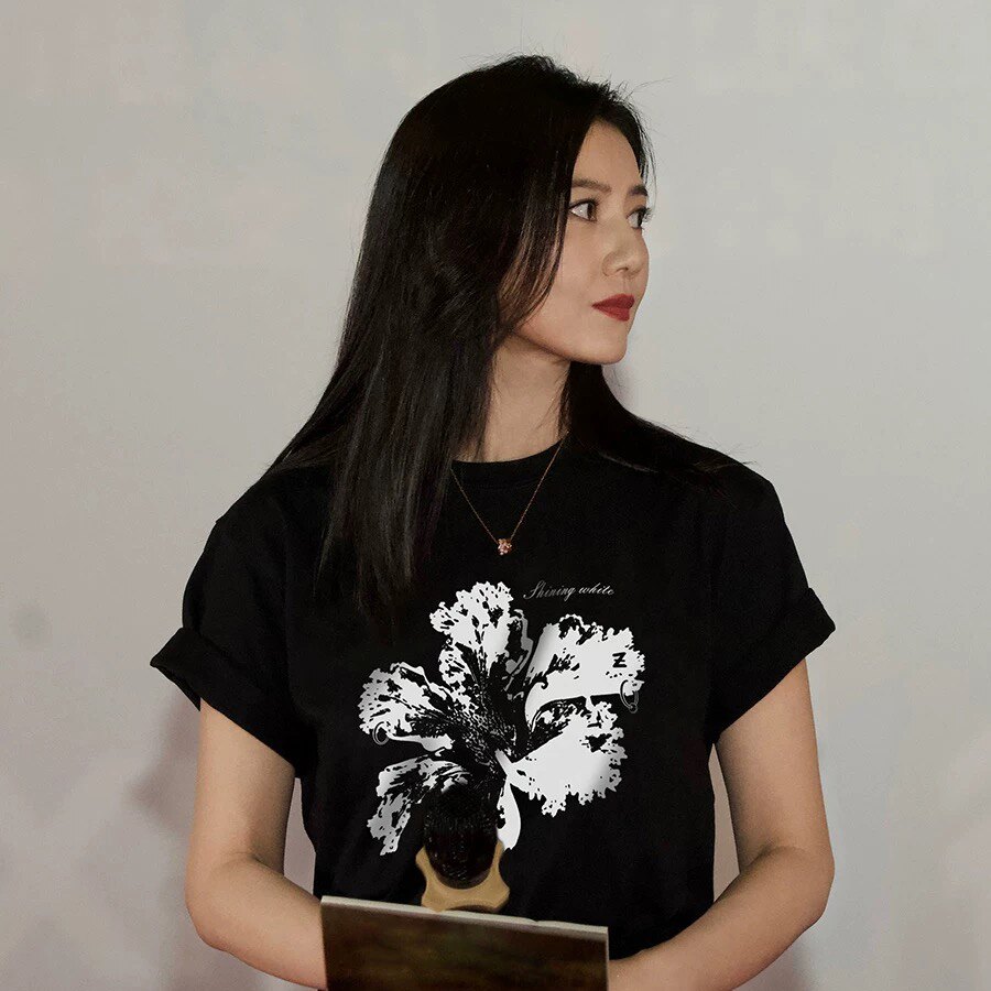 高圆圆明星同款花卉印花t恤女