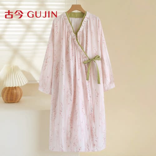古今夏季纯棉纱布甜美碎花睡袍女