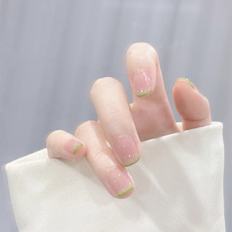 美甲成品贴片绿边法式短款透粉日常少女穿戴假指甲防水持久可拆卸