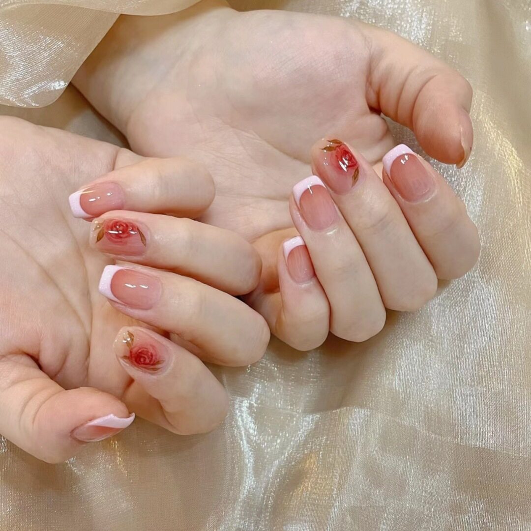 短款穿戴美甲贴片渐变腮红法式玫瑰花高级中国风假指甲贴片全尺码