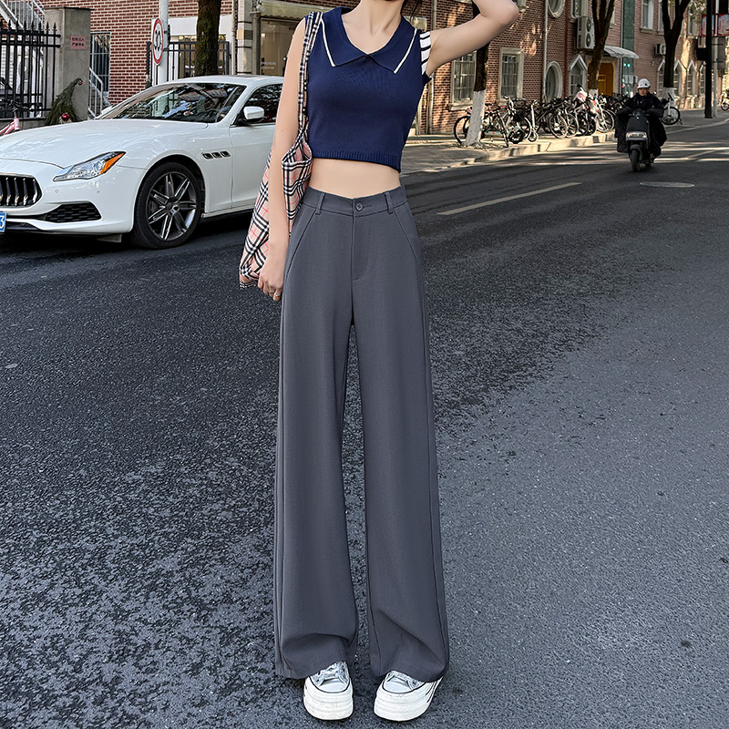 150小个子灰色窄版西装阔腿裤女2025新款高腰垂感宽松直筒拖地裤