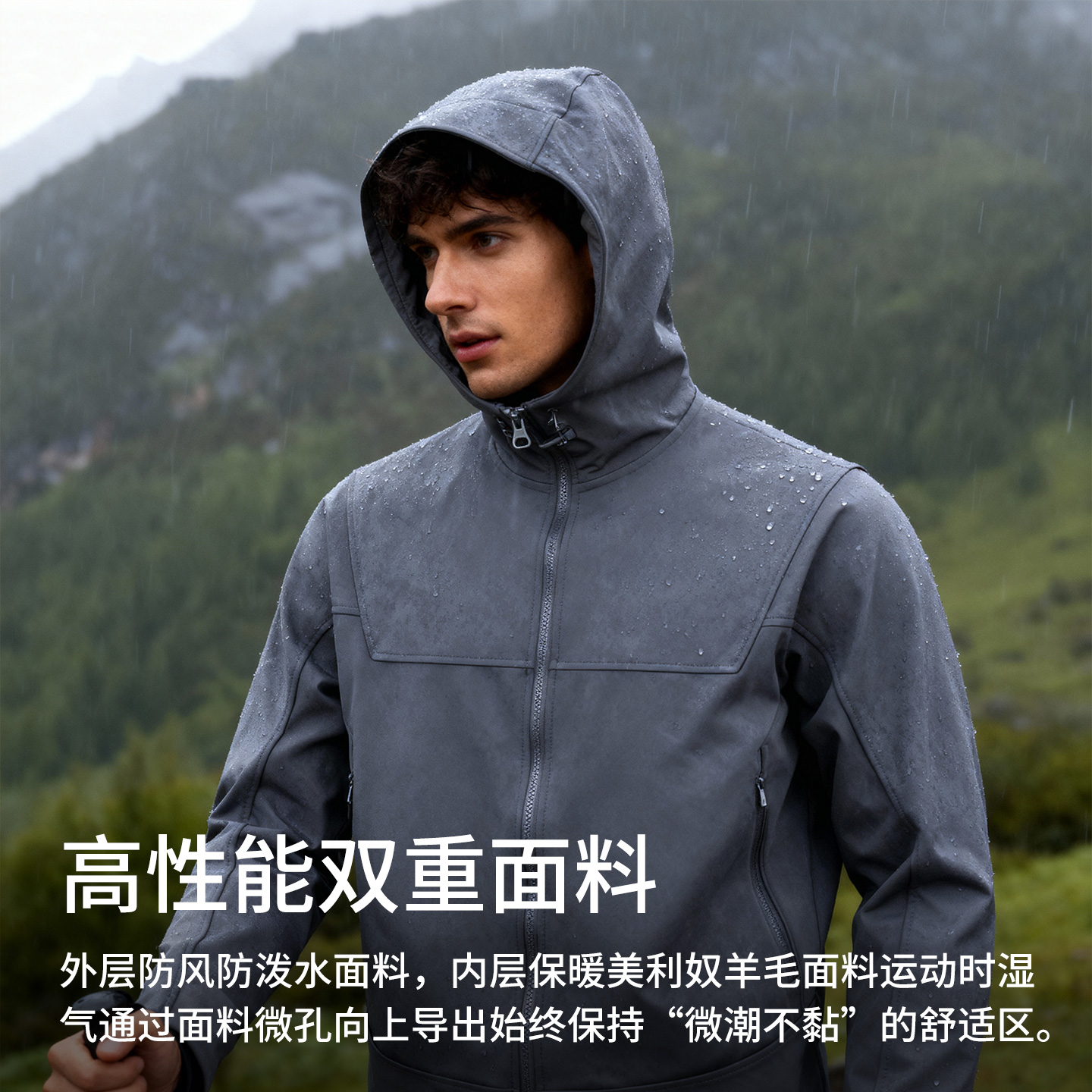 灰壳新款美利奴羊毛软壳冲锋衣男