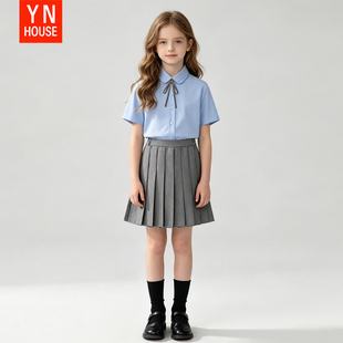 女童衬衫套装学院风女孩短袖蓝色衬衣JK制服百褶裙儿童校服两件套