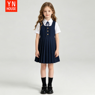 女童连衣裙套装短袖白色衬衫学院风小女孩百褶背带裙表演服两件套