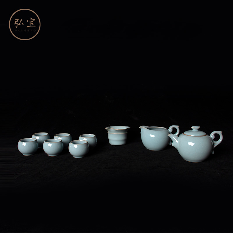 弘宝汝窑天青汝瓷茶具清雅十件套装家用送礼高档礼品茶器开片可养
