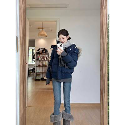 巨好看的短款藏青色连帽羽绒服女冬季超好看小个子保暖派克服外套