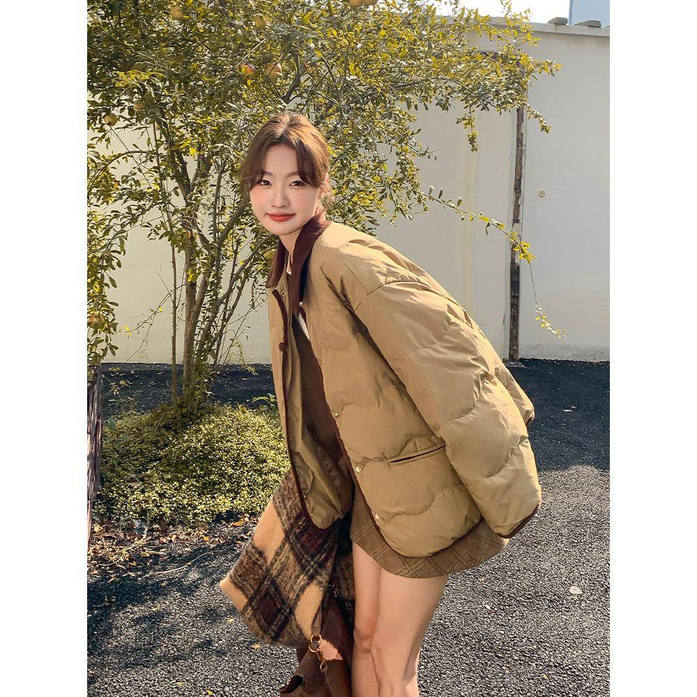 花呢风格棉绒羽绒服2025新款女性冬季风格高端加厚短夹克棉质外套