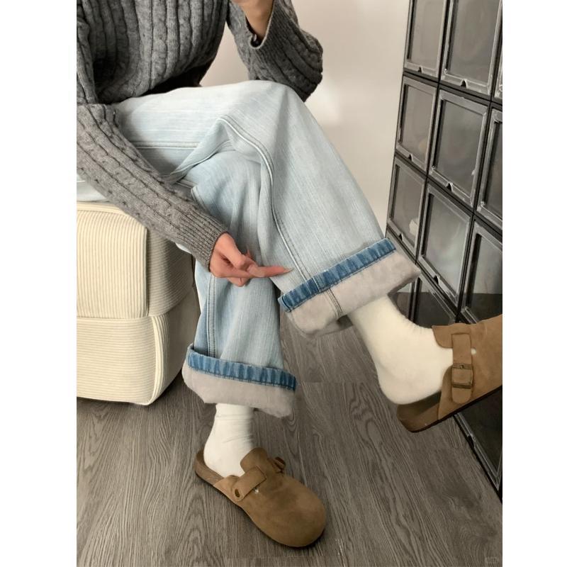 浅蓝色加绒加厚直筒牛仔裤女秋冬大码胖mm高腰显瘦梨形身材阔腿裤