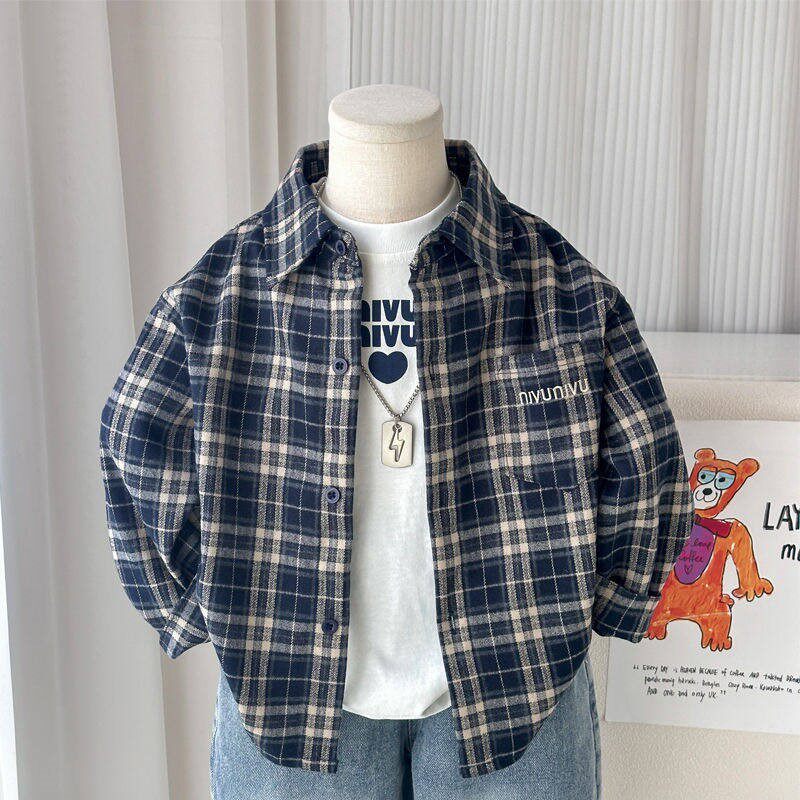 韩版男童磨毛格子衬衫痞帅学院风春秋女童薄款长袖外套洋气时髦潮