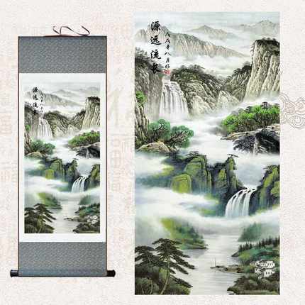 源远流长玄关装饰画 风水招财山水画客厅挂画 办公室聚宝盆卷轴画