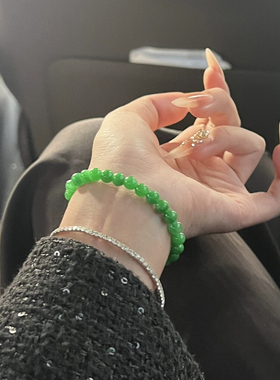 缅甸翡翠色老坑料圆珠单圈手串阳绿色帝王绿干青原创小米珠玉手链