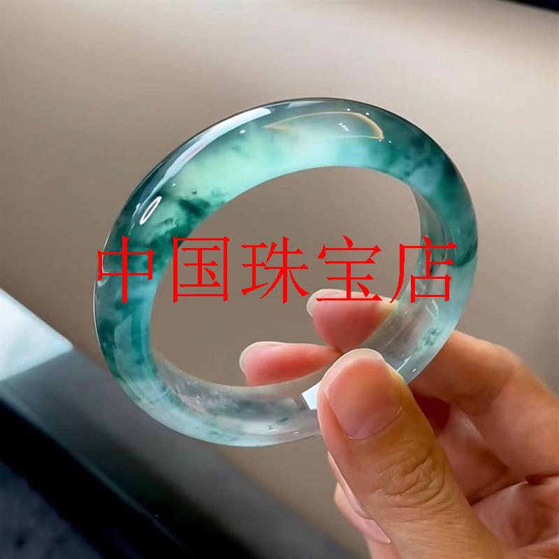 翡翠色手镯冰种飘蓝花玉镯子冰透水润复古绿飘花玉石手镯高级女款