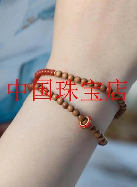 正宗印度老山檀香小米珠两圈手链搭配南红玛瑙原创跑环款国风中式