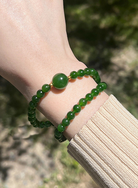 精选俄罗斯碧玉圆珠两圈手链菠菜绿和田玉手链阳绿设计简约送妈妈