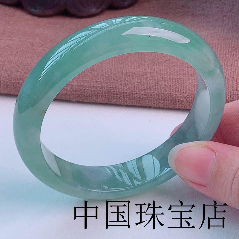 翡翠色手镯冰糯种油青缅甸女正圆送妈妈冰种透蓝贵妃镯子飘花手镯