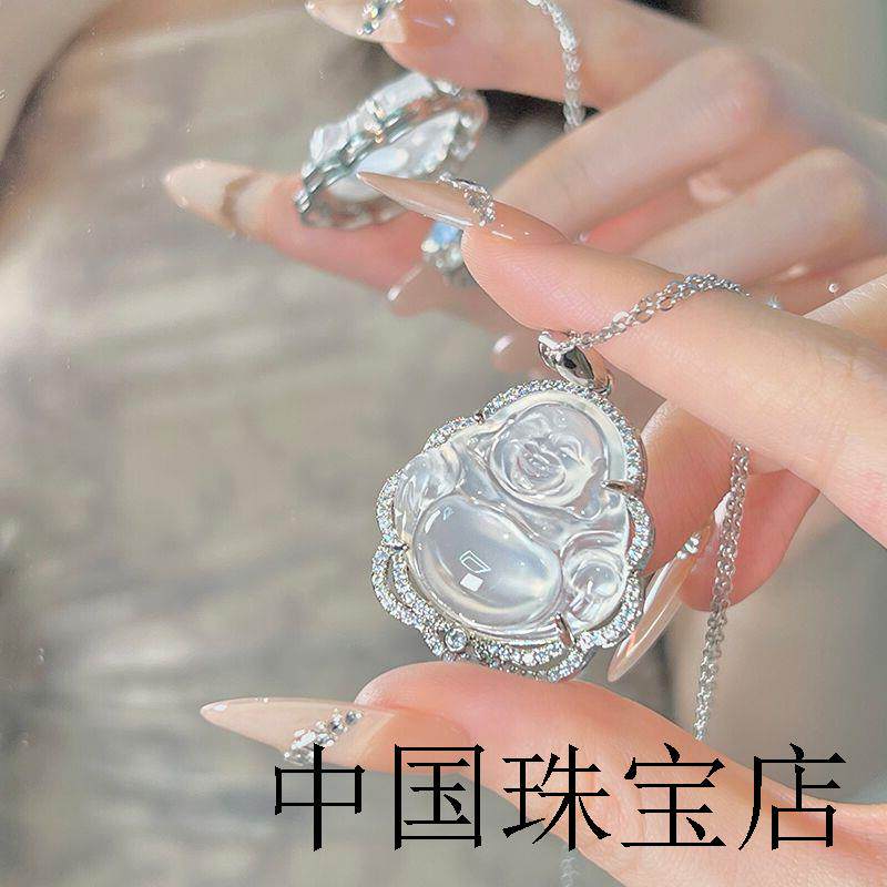 精品冰种玉髓佛公吊坠高冰弥勒佛笑佛项链冰透大肚坐佛毛衣链女款
