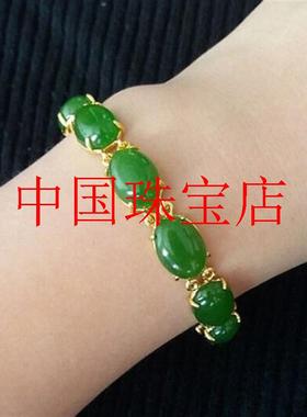 新疆和田玉手链女款菠菜绿碧玉戒面镶嵌手链俄罗斯籽料裸石玉饰品