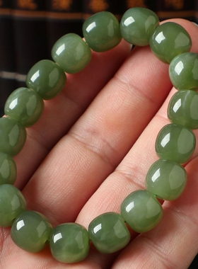 精选和田玉湖水绿青海料老型珠手串青玉青白玉老料手链桶珠男女款