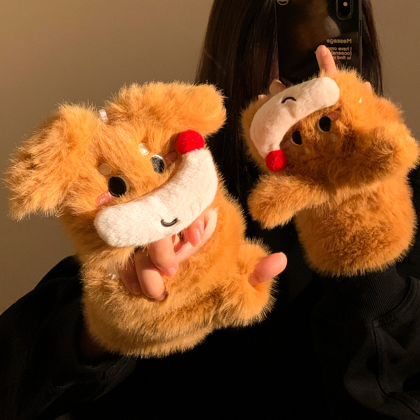 可爱小狗毛绒翻盖半指手套女露指