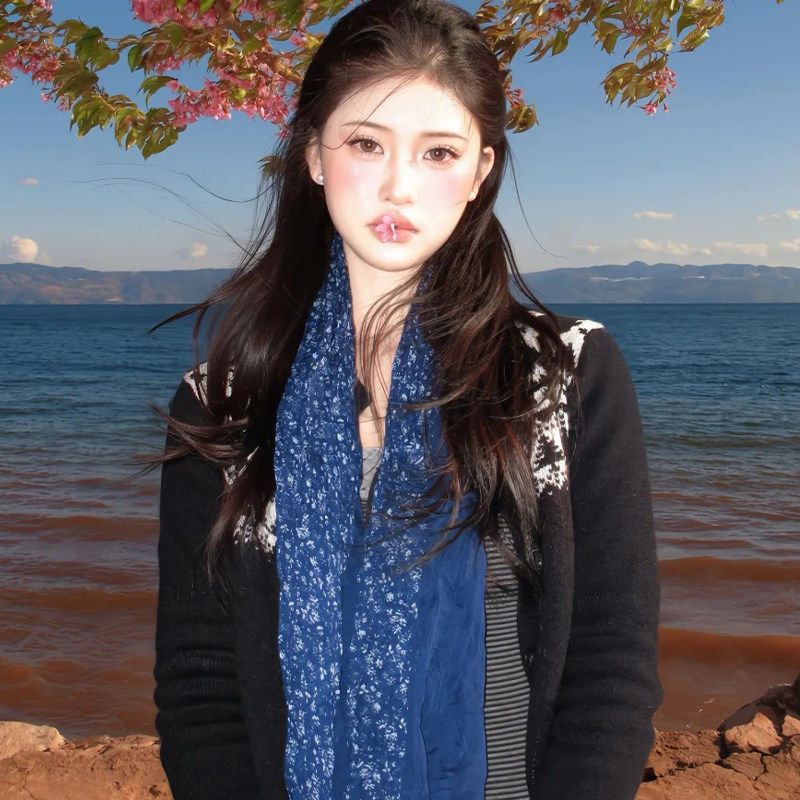 棉麻藏青色碎花围巾女薄款复古文艺氛围感披肩式丝巾旅游拍照配饰,服饰配件/皮带/帽子/围巾,围巾/丝巾/披肩,淘宝优惠券,粉丝福利购,淘宝优惠卷