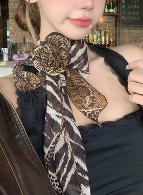 古早辣妹风Y2K豹纹玫瑰花朵丝巾女夏复古薄款长条小围巾领巾甜酷