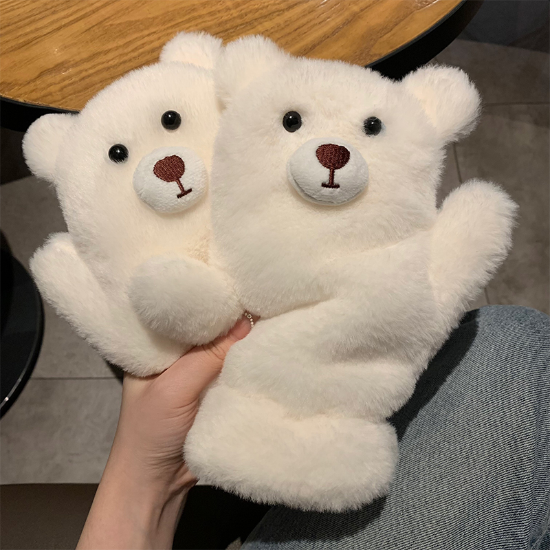 卡通白色小熊毛绒手套女可爱小狗毛茸茸加绒加厚保暖骑行挂脖冬季