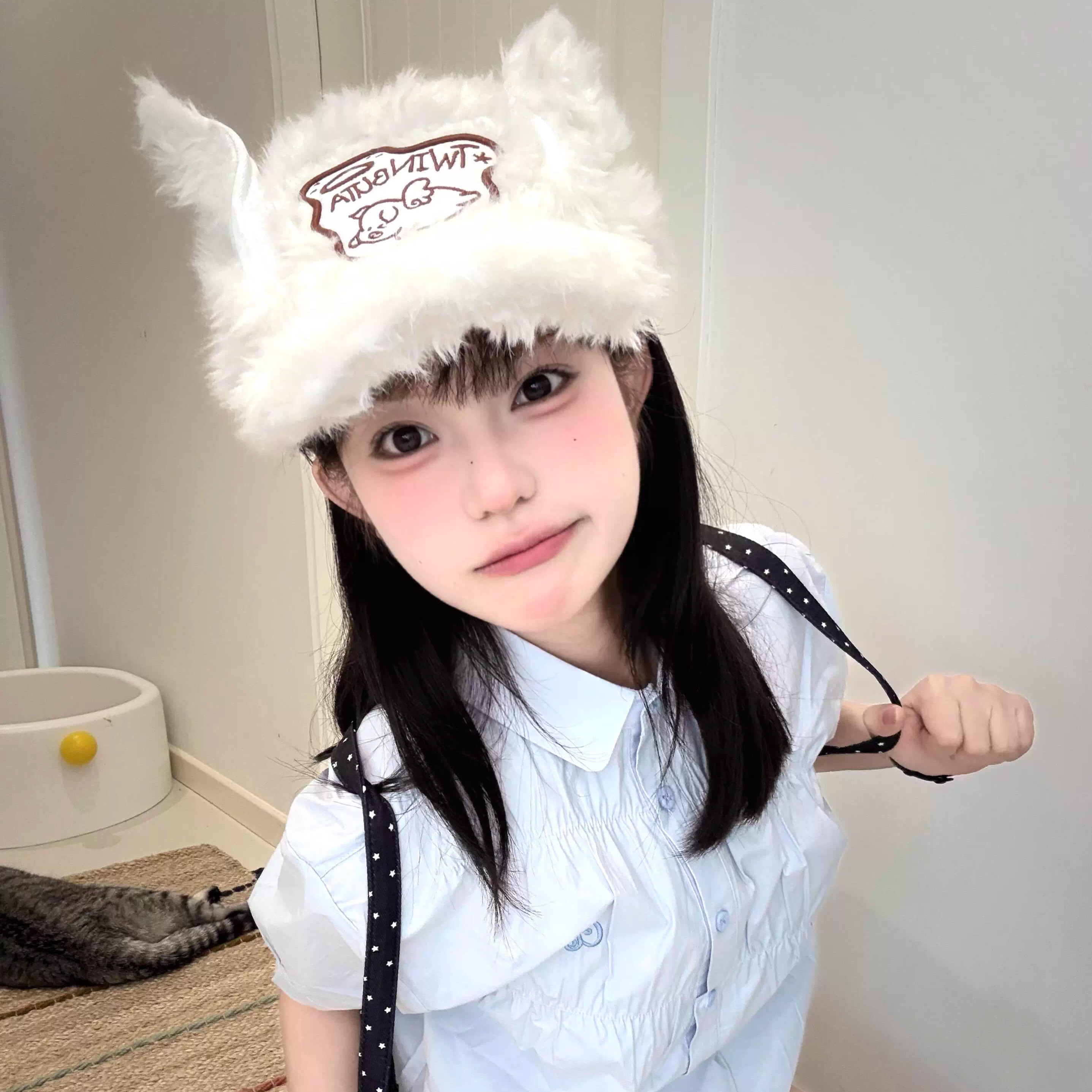 Y2K辣妹羊羔绒兔耳朵棒球帽女
