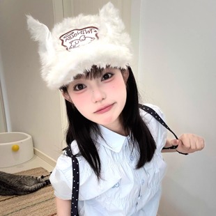 Y2K辣妹羊羔绒兔耳朵棒球帽女秋冬季亚比风街头保暖护耳鸭舌帽子