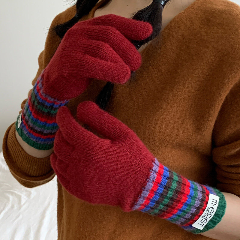 彩虹条纹撞色针织手套女冬季学生