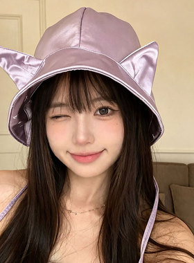 双面戴缎面可爱猫耳朵水桶帽女夏