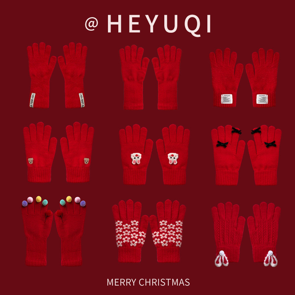 新年红色针织手套女冬季露指