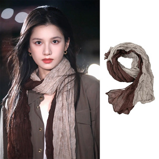 饰围巾 棉麻围脖复古褶皱装 张靖仪同款 棕咖色丝巾女秋冬废土风长款