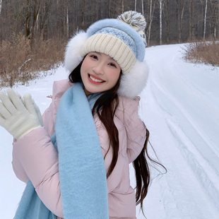 费尔岛毛球针织帽女秋冬可爱加厚保暖毛线帽子大头围防寒护耳冷帽