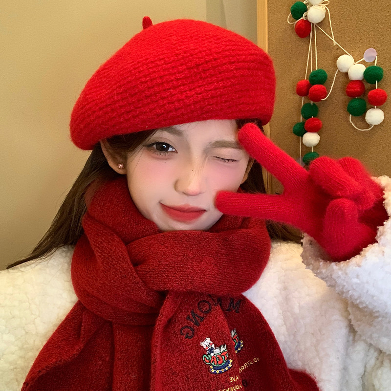 圣诞红色毛呢贝雷帽女冬季