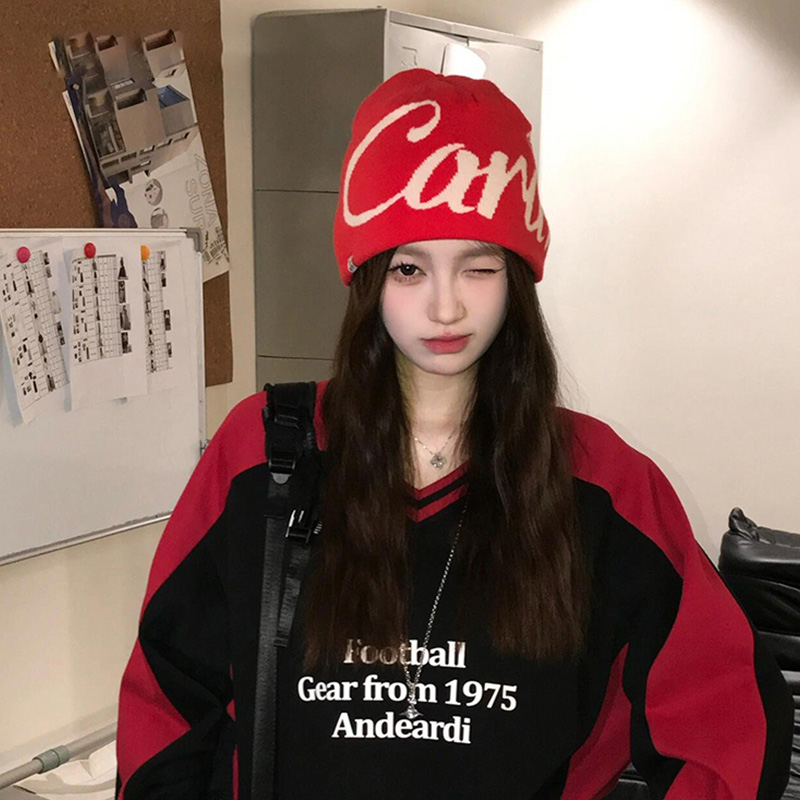 美式街头提花双面针织冷帽女