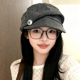 日系山本风褶皱纽扣贝雷帽女秋冬季复古百搭报童帽显脸小画家帽子