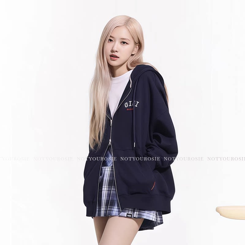 韩国潮牌oioi外套卫衣ROSE朴彩英拉链5252byoioi纯棉宽松开衫连帽