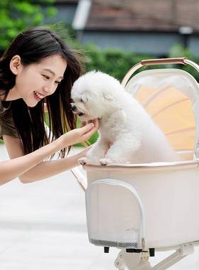 价轻便白色高景观寵物推車狗狗猫咪推车一键收车宠物手推车跨