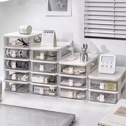 卡通桌面收纳盒 透明小抽屉式书桌塑料迷你储物盒兔子文具收纳盒