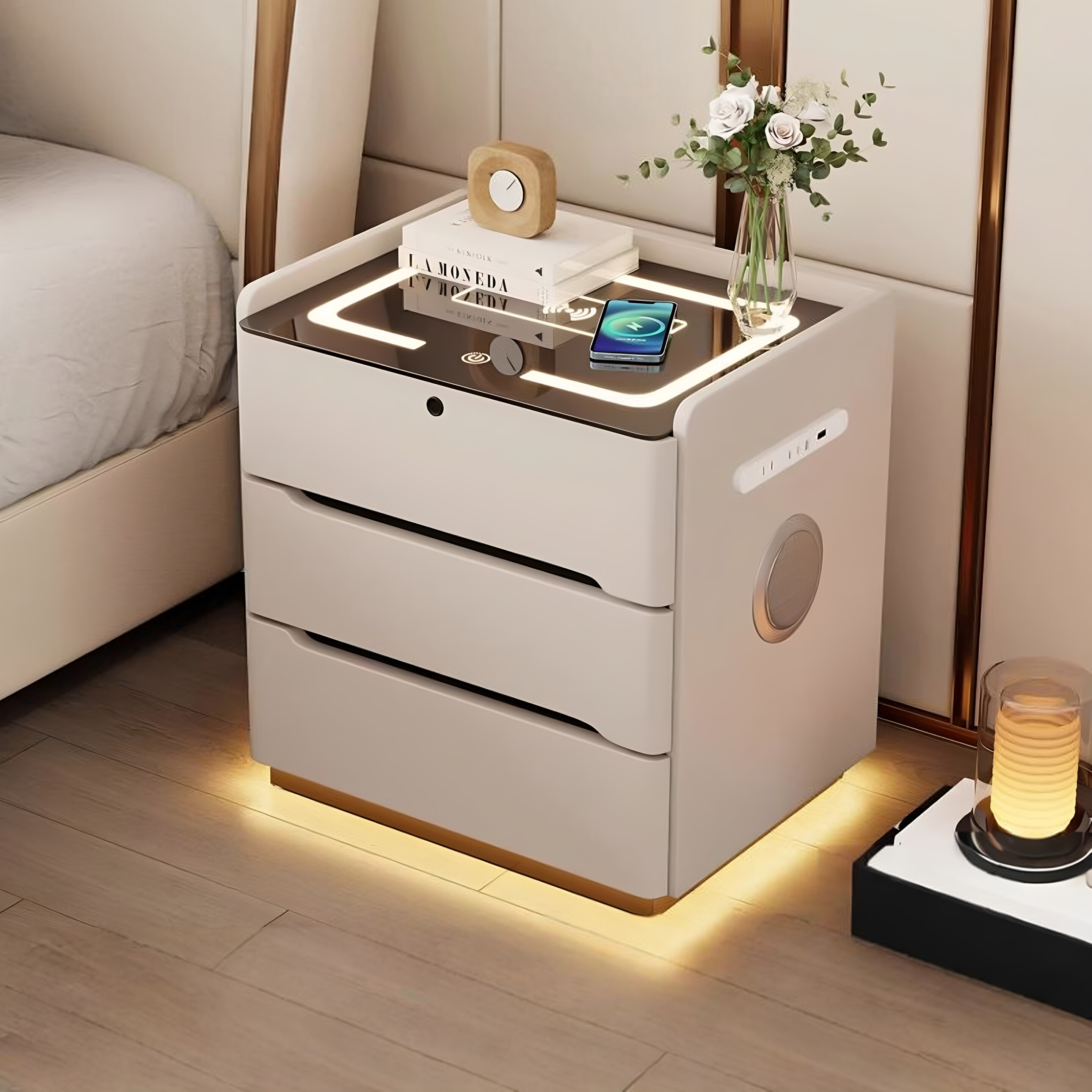 简约现代实木智能床头柜卧室多功能带灯指纹锁无线充家用蓝牙音响