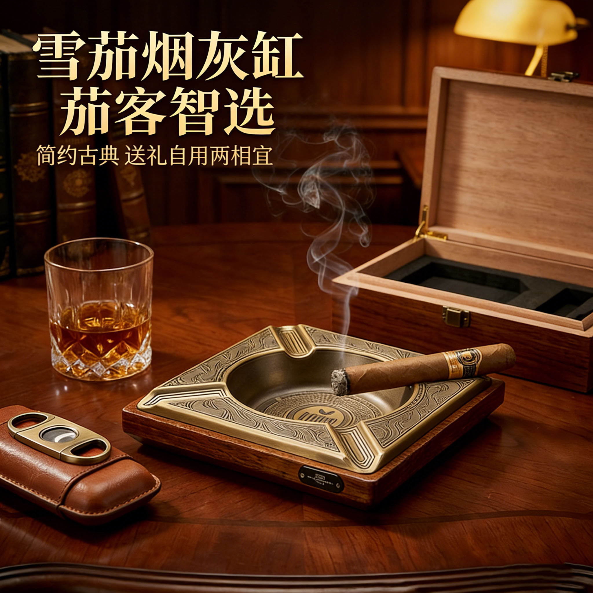 雪茄烟灰缸大口径雕刻四槽设计金属灭烟器雪茄专用高级实木烟灰缸