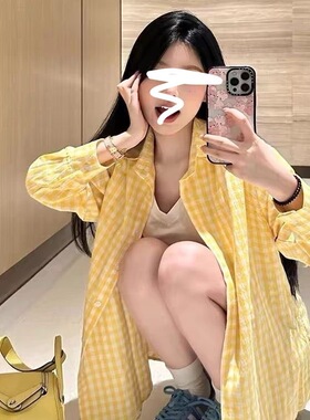 黄色慵懒风长袖格子衬衫显瘦宽松港味复古chic上衣早秋季衬衣外套